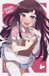  1girl :d absurdres apron bandages black_hair blush breasts danganronpa_(series) danganronpa_2:_goodbye_despair heart highres holding large_breasts long_hair looking_at_viewer meiji_(meizi493) mole mole_under_eye open_mouth pink_shirt puffy_short_sleeves puffy_sleeves purple_hair shirt short_sleeves skirt smile solo sweat translation_request tsumiki_mikan two-tone_shirt white_shirt 