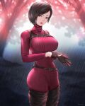  1girl ada_wong black_gloves black_hair bob_cut bodysuit boots breasts brown_eyes gloves highres large_breasts lips looking_at_viewer mcdobo rain red_bodysuit resident_evil ribbed_bodysuit short_hair solo thigh_boots 