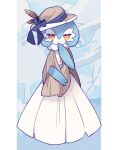  1girl :&lt; alternate_color bibi_(kano2541293757) blue_background blue_hair blue_ribbon blue_skin bob_cut brown_capelet brown_headwear capelet closed_mouth clothed_pokemon colored_skin commentary english_commentary flat_chest full_body fur-trimmed_capelet fur_collar fur_trim gardevoir hair_between_eyes half-closed_eyes hand_to_own_mouth hand_up hat hat_feather hat_ribbon highres jitome looking_at_viewer multicolored_skin orange_eyes outdoors pillarboxed pokemon pokemon_(creature) ribbon shiny_pokemon short_hair solo standing straight-on two-tone_skin white_skin 