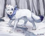  animal_genitalia balls blood blue_eyes bodily_fluids canid canine claws dipstick_tail dr.kiyo eyebrows feral fur genitals hi_res kemono male mammal markings paws penis plant poking_out quadruped sheath snow solo tail tail_markings tongue tongue_out tree white_body white_fur 