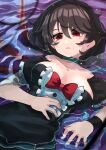  1girl black_dress black_hair bow breasts collarbone dress hashiro houjuu_nue partially_submerged red_bow red_eyes short_hair short_sleeves solo tentacles touhou water 