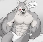  abs anthro barazoku bedroom_eyes biceps black_nose bulge canid canine canis clothed clothing dialogue english_text eyebrows fur grey_body grey_fur hi_res licking licking_lips male mammal muscular muscular_anthro muscular_male narrowed_eyes navel nipples open_mouth open_smile pecs ruffus_(ruffusbleu) ruffusbleu seductive sitting smile solo speech_bubble talking_to_viewer teeth text thong thong_only tongue tongue_out topless underwear underwear_only wolf 