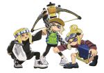  3girls arm_up black_footwear black_pants black_shirt blonde_hair checkered_clothes checkered_shirt clenched_hand drawstring fang full_body goggles goggles_on_head green_vest hair_bun headband highres holding holding_weapon hood hooded_sweater humanlynn inkling inkling_girl long_sleeves multiple_girls octoling octoling_girl open_mouth pants pointing purple_eyes red_eyes shirt simple_background splatoon_(series) striped striped_sweater sweater tentacle_hair vest weapon white_background white_footwear 