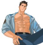  abs absurdres belt blue_jacket blue_pants brown_eyes brown_hair coffetia collarbone haikyuu!! hand_on_own_thigh highres jacket muscular muscular_male navel nipples pants pectorals police police_uniform sawamura_daichi simple_background uniform white_background 
