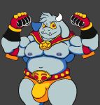  anonymous_artist anthro big_bulge bovid bulge caprine championship_belt clothing enfer_belial fingerless_gloves flexing fur gloves goat grey_body grey_fur handwear horn kings_of_hell male mammal muscular muscular_anthro muscular_male navel pecs red_eyes solo tusks wrestling_briefs yellow_sclera 