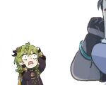  2girls armlet chibi collei_(genshin_impact) commentary genshin_impact gloves green_hair hair_ornament highres multiple_girls out_of_frame surprised sweatdrop symbol-only_commentary wide-eyed xinzoruo yelan_(genshin_impact) 