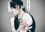  1boy bandaged_arm bandages black_hair black_jack_(character) black_jack_(series) black_vest blood blood_on_bandages blood_on_clothes bow brown_eyes chinese_text chromatic_aberration collared_shirt hair_between_eyes hand_on_own_arm heavy_breathing male_focus multicolored_hair neck_ribbon parted_lips patchwork_skin red_ribbon ribbon scar scar_on_face shirt short_hair sideburns sideways_glance simple_background solo speech_bubble split-color_hair sweat tian_niunai_hezi two-tone_hair vest vignetting white_hair 
