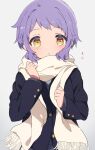  1girl black_jacket blush buttons clenched_hands commentary_request dot_nose grey_background hands_up highres idolmaster idolmaster_million_live! jacket long_sleeves looking_at_viewer makabe_mizuki mochigome_(ununquadium) parted_lips purple_hair scarf short_hair sidelocks solo upper_body wavy_hair white_scarf yellow_eyes 