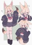  1girl :d ? ^^^ absurdres animal_ear_fluff animal_ears bandaid bandaid_on_knee bandaid_on_leg black_footwear black_jacket blonde_hair blush_stickers border closed_eyes closed_mouth commentary_request cropped_legs crying crying_with_eyes_open double_bun ears_down fox_ears fox_girl fox_tail full_body green_background grey_sailor_collar grey_skirt hair_bun hands_up happy highres jacket loafers looking_at_viewer megateru multiple_views open_clothes open_jacket open_mouth original outside_border pleated_skirt red_eyes ribbon sad sailor_collar school_uniform serafuku shirt shoes simple_background skirt sleeves_past_fingers sleeves_past_wrists smile sweatdrop tail tearing_up tears very_long_sleeves white_border white_shirt 