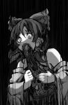  1girl bow chiroru_(cheese-roll) commentary detached_sleeves english_commentary fine_art_parody food frilled_bow frilled_hair_tubes frills greyscale hair_bow hair_tubes hakurei_reimu highres holding holding_food long_hair looking_down monochrome open_mouth parody pizza pizza_slice saturn_devouring_his_son shirt sidelocks sleeveless sleeveless_shirt solo touhou upper_body wide_sleeves 