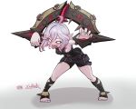  1girl ahoge belt black_belt breasts briar_(league_of_legends) colored_sclera detached_sleeves fingernails full_body grey_hair hair_between_eyes highres league_of_legends long_hair looking_at_viewer matlink multicolored_hair no_pupils no_shoes pink_hair pointy_ears red_sclera shadow sharp_fingernails sharp_teeth sidelocks simple_background small_breasts solo standing streaked_hair teeth toeless_footwear toenails toes tongue tongue_out two-tone_hair vampire white_eyes wrist_cuffs 