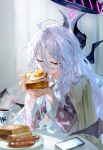  1girl ahoge blue_archive cellphone closed_eyes coffee cup demon_horns eating food fried_egg fried_egg_on_toast halo highres hina_(blue_archive) horns indoors long_hair low_wings multiple_horns pajamas phone quasarcake sausage sitting smartphone solo sunlight table toast upper_body very_long_hair white_hair wings 