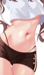  1girl belly black_shorts breasts brown_hair close-up cropped_shirt fu_xi_(su_uimi) g-string genshin_impact groin highres hu_tao_(genshin_impact) midriff navel no_bra short_shorts shorts simple_background small_breasts solo stomach thong underboob white_background 