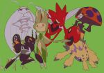  antennae bug claws full_body galvantula green_background highres insect_wings leavanny lokix no_humans orbeetle pheromosa pokemon pokemon_(creature) purple_eyes scizor simple_background spider v_(govvvvw) wings 
