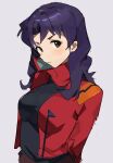  1girl absurdres blush breasts brown_eyes highres jacket katsuragi_misato long_hair looking_at_viewer medium_breasts neon_genesis_evangelion purple_hair red_jacket t-lex 