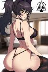  ass back black_bra black_hair blake_belladonna blush bra breasts butt_crack collar dizzle english_commentary eyeshadow facing_viewer highres kneehighs large_breasts makeup ponytail rwby socks thong underwear yellow_eyes 