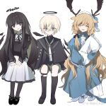  1boy 2girls :d aged_down ahoge animal_ears antlers arknights arm_rest arm_support artist_name black_capelet black_dress black_eyes black_footwear black_hair black_halo black_ribbon black_shirt black_socks black_thighhighs black_wings blonde_hair blouse blue_eyes blue_footwear blue_headwear blue_nightgown blunt_bangs blush bright_pupils broken_halo buttons capelet chinese_commentary chinese_text closed_eyes closed_mouth collared_capelet collared_shirt colored_inner_hair commentary_request cousins dark_halo deer_antlers deer_ears deer_girl detached_wings dot_nose dress energy_wings executor_(arknights) expressionless facing_viewer frilled_dress frilled_shirt_collar frills full_body green_hair green_necktie green_shorts hair_between_eyes hair_ribbon halo hand_up hat head_tilt high_collar highres hime_cut holding holding_pillow invisible_chair kneehighs layered_sleeves light_blush long_hair long_sleeves looking_at_viewer mole mole_under_eye multicolored_clothes multicolored_dress multicolored_hair multiple_girls neck_ribbon necktie nightcap nightgown open_mouth pale_skin pantyhose pillow pleated_dress pocket ribbon shirt shoes short_hair shorts sidelocks simple_background sitting sleeve_cuffs smile socks square_neckline thighhighs twintails two-tone_dress two-tone_hair very_long_hair virtuosa_(arknights) viviana_(arknights) watermark weibo_7737164789 weibo_logo weibo_username white_background white_dress white_pupils wings 