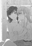  2girls blush bookshelf closed_mouth collared_shirt commentary_request earrings greyscale hiding highres hug jewelry long_hair medium_hair monochrome multiple_girls muromaki original parted_lips shirt sleeves_past_elbows sweatdrop translation_request yuri 