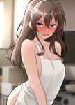  1girl alternate_costume apron ashigara_(kancolle) blurry blurry_background blush breasts brown_eyes brown_hair cleavage commentary_request cowboy_shot fang full-face_blush furaggu_(frag_0416) hair_between_eyes hair_ornament hairband hairclip highres kantai_collection long_hair looking_at_viewer medium_breasts naked_apron open_mouth sideboob skin_fang smile solo stove white_hairband 