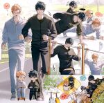  &gt;_&lt; 4boys absurdres aged_down bench black_hair black_hoodie blue_hoodie child dmsco1803 exercise father_and_son fushiguro_megumi fushiguro_touji highres hood hoodie itadori_jin itadori_yuuji jogging jujutsu_kaisen kick_scooter male_child male_focus multiple_boys pants park_bench pink_hair pullups push-ups short_hair track_pants 