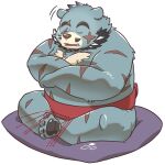  2023 anthro bear blue_body cute_fangs eyes_closed hi_res hon55728 kemono male mammal overweight overweight_male pillow scar sitting solo sumo sumo_wrestler tamacolle 