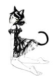  1girl animal_ear_fluff animal_ears bare_shoulders barefoot cat_ears cat_girl cat_tail commentary_request dress frilled_dress frills from_side highres jaco kneeling looking_at_viewer looking_to_the_side monochrome off-shoulder_dress off_shoulder original simple_background soles solo tail white_background yellow_eyes 