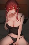  1girl amyu_(amm_asl_pa) bare_arms bare_shoulders bed black_camisole black_panties blurry blurry_background blush breasts camisole cellphone cleavage collarbone hair_ribbon half-closed_eyes heterochromia highres hololive houshou_marine indoors large_breasts long_hair looking_at_viewer midriff navel on_bed panties parted_lips phone pillow red_eyes red_hair ribbon rubbing_eyes sidelocks sitting smartphone solo strap_slip thighs twintails underwear underwear_only virtual_youtuber yellow_eyes 