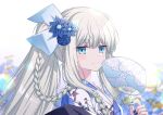  1girl blue_flower blue_nails blurry blurry_background braid closed_mouth commentary_request depth_of_field fate/grand_order fate_(series) floral_print flower from_side grey_hair hair_flower hair_ornament hair_over_shoulder hand_fan highres holding holding_fan japanese_clothes kimono long_hair looking_at_viewer looking_to_the_side morgan_le_fay_(fate) nail_polish paper_fan ponytail print_kimono sakura_tsubame smile solo uchiwa upper_body white_kimono 