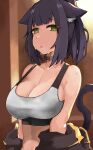  1girl absurdres animal_ear_fluff animal_ears arknights bare_shoulders black_hair blush breasts cat_ears cleavage crop_top green_eyes grey_choker highres jessica_(arknights) kumamu looking_at_viewer midriff parted_lips short_hair solo sports_bra stomach upper_body white_sports_bra 