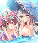  2girls ahoge ana_(twinkle_star_knights) bare_arms bare_shoulders bikini black_nails braid breasts cleavage commentary_request dark_red_hair demon_girl demon_horns double_bun eyewear_on_head frilled_bikini frills hair_bun hair_ornament hairpin hands_on_own_face hat highres horns large_breasts light_purple_hair looking_at_viewer lying multiple_girls official_alternate_costume official_art on_stomach orange_eyes sasha_(twinkle_star_knights) small_breasts sun_hat swimsuit twinkle_star_knights v yellow_eyes 