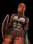 anon2000000 anthro armor breasts claws clothed clothing dinosaur female hi_res holding_object holding_weapon looking_at_viewer melee_weapon open_mouth reptile scalie shield solo sword teeth_showing weapon yellow_eyes 