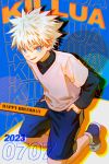  1boy birthday blue_background blue_eyes character_name dated full_body hands_in_pockets happy_birthday highres hunter_x_hunter killua_zoldyck layered_sleeves long_sleeves looking_at_viewer male_child male_focus misted_8 shirt short_hair short_over_long_sleeves short_sleeves shorts smile solo white_hair white_shirt 