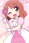  1girl blush bow brown_hair cherry_blossom_print commentary dot_nose dress floral_background floral_print flower gloves green_eyes hair_bun hair_flower hair_ornament hand_up index_finger_raised jewelry looking_at_viewer love_live! love_live!_nijigasaki_high_school_idol_club medium_hair miyako_hito musical_note necklace one_eye_closed open_mouth pearl_necklace pink_background pink_bow pink_dress puffy_short_sleeves puffy_sleeves short_sleeves signature single_side_bun smile solo uehara_ayumu white_gloves 