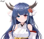  1girl azur_lane bare_shoulders blue_eyes blue_hair closed_mouth detached_sleeves flower hair_flower hair_ornament hair_ribbon heterochromia highres horns ibuki_(azur_lane) japanese_clothes long_hair looking_at_viewer rainbowlife red_eyes ribbon ribbon-trimmed_sleeves ribbon_trim signature simple_background smile solo upper_body white_background white_ribbon white_sleeves 