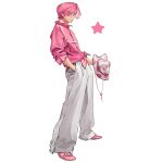  1boy animal_print blue_eyes cow_print hand_in_pocket hat highres holding holding_clothes holding_hat long_sleeves looking_at_viewer male_focus original pants pink_footwear pink_hair pink_shirt print_headwear rinotuna shirt shoes simple_background solo star_(symbol) white_background white_pants 