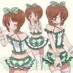  1girl @_@ alternate_costume arm_behind_back armband blush bow breasts brown_eyes brown_hair cleavage closed_mouth criss-cross_halter cropped_shirt frilled_armband frilled_shirt frilled_skirt frills frown girls_und_panzer green_bow green_skirt groin hair_bow halterneck highres idol looking_at_viewer medium_breasts microskirt midriff multiple_views navel nishizumi_miho off-shoulder_shirt off_shoulder one_eye_closed open_mouth ri_(qrcode) shirt short_hair simple_background skirt smile standing sweatdrop thighhighs waving white_background white_thighhighs 