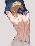  1girl arms_up artoria_pendragon_(fate) back bandaid bandaid_on_back blonde_hair blue_ribbon braid fate/stay_night fate_(series) from_behind grey_background highres jason_kim muscular muscular_female ribbon saber scar short_hair simple_background solo undressing 