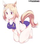  1girl all_fours animal_ears barefoot bikini blonde_hair blue_bikini breasts cleavage horse_ears horse_girl horse_tail medium_breasts narita_top_road_(umamusume) red_eyes shigino_sohuzi short_hair simple_background solo sports_bikini swimsuit tail umamusume umamusume:_road_to_the_top v_arms white_background 