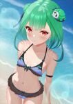  1girl absurdres adapted_costume beach bikini bikini_skirt blue_ribbon blush breasts double_bun earrings frilled_skirt frills green_bikini green_hair hair_bun hair_ornament hair_ribbon hair_scrunchie highres hololive jewelry looking_at_viewer medium_hair navel open_mouth petticoat red_eyes ribbon sand scrunchie single_earring skirt skull_earrings surgate_matias swimsuit uruha_rushia uruha_rushia_(1st_costume) virtual_youtuber water 