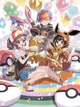  3girls :d aqua_shorts backpack bag brown_eyes brown_hair closed_mouth commentary_request eevee eevee_ears eevee_tail elaine_(pokemon) glasses happy hat headpat highres holding holding_pokemon hood hood_up hoodie long_sleeves multicolored_hair multiple_girls official_art onesie open_mouth penny_(pokemon) poke_ball_print poke_kid_(pokemon) pokemon pokemon_(creature) pokemon_(game) pokemon_lgpe pokemon_masters_ex pokemon_sv pokemon_swsh ponytail round_eyewear shirt shoes short_sleeves shorts sitting smile sylveon two-tone_hair zounose 