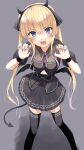  1girl :d absurdres alternate_costume black_bow black_hairband black_shirt black_skirt black_thighhighs black_wrist_cuffs blonde_hair blue_eyes blunt_bangs blush bow claw_pose commentary demon_horns demon_tail demon_wings eyelashes eyes_visible_through_hair fake_horns fake_tail fake_wings fang feet_out_of_frame fingernails grey_background hair_between_eyes hair_bow hairband halloween halloween_costume hands_up head_tilt highres horns long_fingernails long_hair looking_at_viewer miniskirt nail_polish neck_ribbon open_mouth paw_pose pink_ribbon pleated_skirt puffy_short_sleeves puffy_sleeves purple_nails ribbon saenai_heroine_no_sodatekata sawamura_spencer_eriri sharp_fingernails shirt short_sleeves simple_background skin_fang skirt smile solo standing tail thighhighs tsurime twintails very_long_hair wings yanagi_marie zettai_ryouiki 