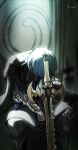  1boy absurdres armor black_armor black_cape black_gloves blue_hair byleth_(fire_emblem) byleth_(male)_(fire_emblem) cape commentary_request fire_emblem fire_emblem:_three_houses gauntlets gloves highres holding holding_sword holding_weapon looking_down male_focus short_hair signature sitting solo sword sword_of_the_creator throne weapon zhengyuriri 