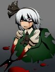 1girl ascot black_ascot black_hairband black_ribbon blood blood_on_face blood_on_hands blood_on_weapon blunt_bangs bob_cut collared_shirt commentary_request flat_chest full_body gradient_background green_skirt green_vest grey_background grey_hair hair_between_eyes hair_ribbon hairband highres konpaku_youmu kuri_dora long_bangs looking_at_viewer open_mouth pool_of_blood puffy_short_sleeves puffy_sleeves red_eyes ribbon shaded_face shears shirt short_hair short_sleeves skirt skirt_set solo teeth touhou uneven_eyes upper_teeth_only vest weapon white_shirt 
