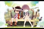  1boy 1girl bandages barefoot black_hair chibi closed_eyes closed_mouth dress full_body grass grey_hair holding_hands horns ico ico_(character) pointy_ears sandals satoe_(wenocokoya) short_hair sitting tabard white_dress yorda 