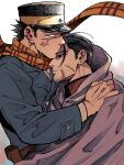  2boys absurdres black_eyes black_hair black_headwear blue_jacket facial_hair floating_scarf from_side goatee golden_kamuy grey_cloak hair_slicked_back hand_on_another&#039;s_shoulder hat highres hug jacket kanki_(knksnbn) kiss kissing_forehead long_sleeves looking_ahead male_focus military_hat military_uniform multiple_boys ogata_hyakunosuke orange_scarf plaid plaid_scarf red_shirt scar scar_on_face scarf shirt simple_background solid_eyes spiked_hair sugimoto_saichi undercut uniform upper_body white_background yaoi 