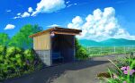  bench blue_sky blurry bus_stop bush cloud day depth_of_field field flower furumiya-underson grass highres landscape manhole_cover mixed-language_commentary mountain mountainous_horizon no_humans original outdoors railing road rural scenery sign sky tree 