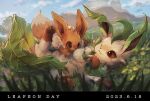  ;) brown_eyes character_name closed_mouth cloud commentary_request dated day eevee flower grass leafeon lying momomo12 no_humans one_eye_closed outdoors pokemon pokemon_(creature) signature sky smile yellow_flower 