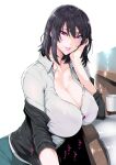  1girl black_hair black_jacket bra bra_peek breasts cleavage collarbone commentary_request cup elbow_rest fei_(maidoll) highres huge_breasts jacket looking_at_viewer medium_hair photoshop_(medium) pink_lips purple_bra purple_eyes reaching reaching_towards_viewer short_hair smile solo underwear yahari_ore_no_seishun_lovecome_wa_machigatteiru. yukinoshita_haruno 