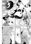  2girls absurdres bow broom broom_riding commentary_request gohei greyscale hakurei_reimu hat hat_bow highres kirisame_marisa long_hair magic_circle monochrome multiple_girls nodoguro_(phi-tan) orb touhou translation_request witch_hat yin_yang yin_yang_orb 