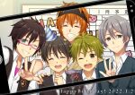  5boys akiyama_hayato asymmetrical_bangs bishounen black_hair black_headband camera_phone closed_eyes collared_shirt fuyumi_jun glasses green_eyes green_hair grey_eyes grey_hair hair_between_eyes happy happy_birthday hat headband high_x_joker_(idolmaster) idolmaster idolmaster_side-m iseya_shiki light_blush male_focus multiple_boys one_eye_closed orange_hair party_hat pink-framed_eyewear sakaki_natsuki shirt smile teeth user_dvjs2222 v wakazato_haruna 